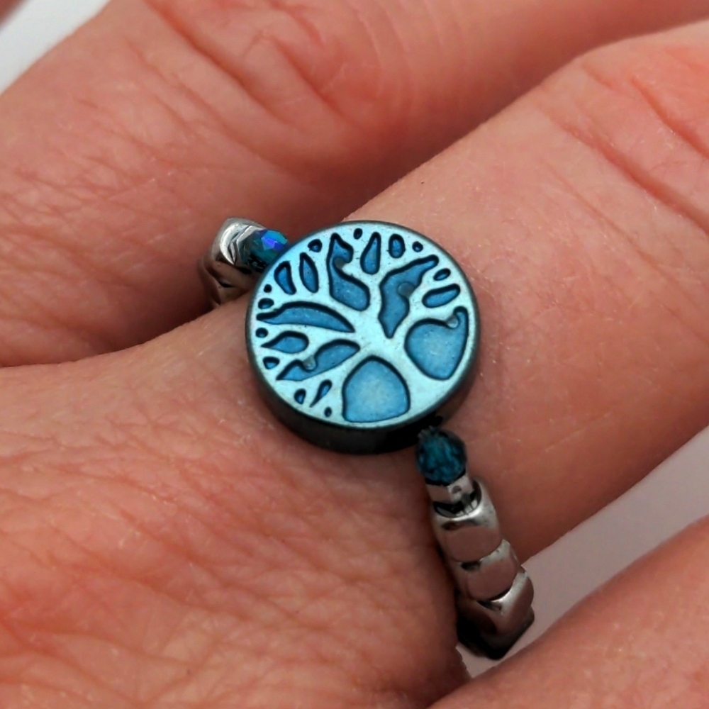 381MIDALANE Tree of Life Blue & Silver Ring